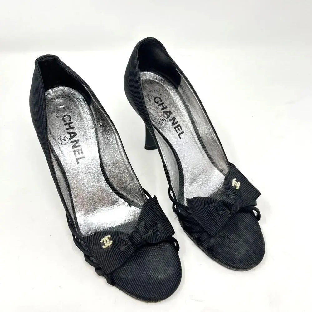 Vintage Chanel CC Pearl Black Heel Sandal Pump with Bow size 37 EU